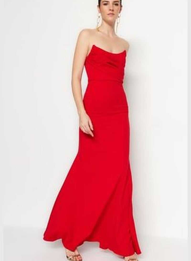 Evening Dress With Red Collar Detailed Long Evening Dress TPRSS21AE0121