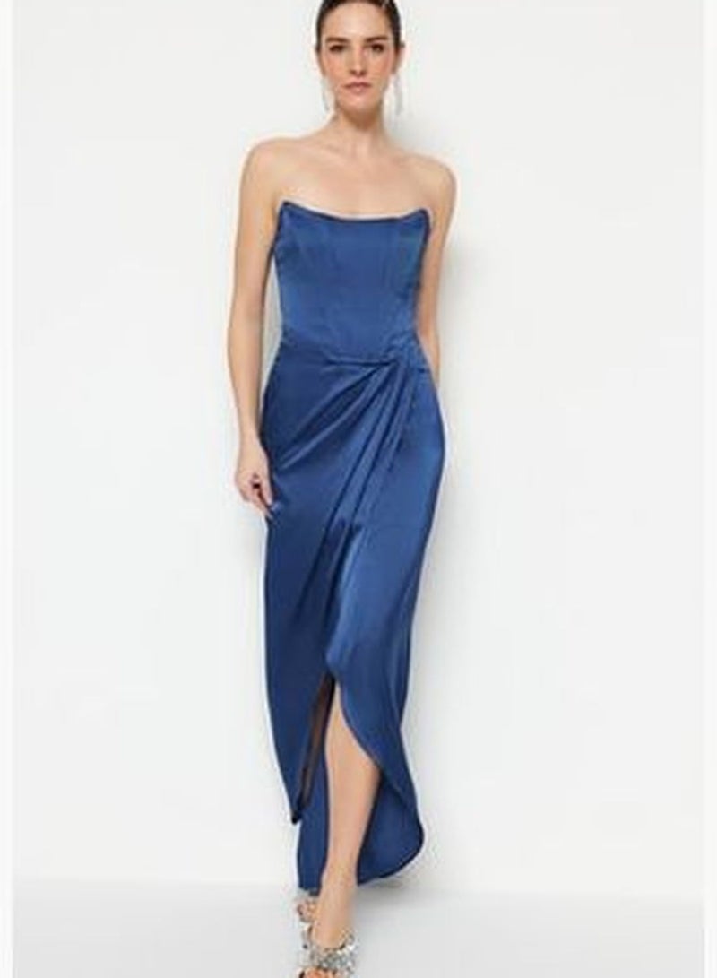 Indigo Double Breasted Evening Dress With Weaving Bodice Detailed Satin TPRSS22AE0005.