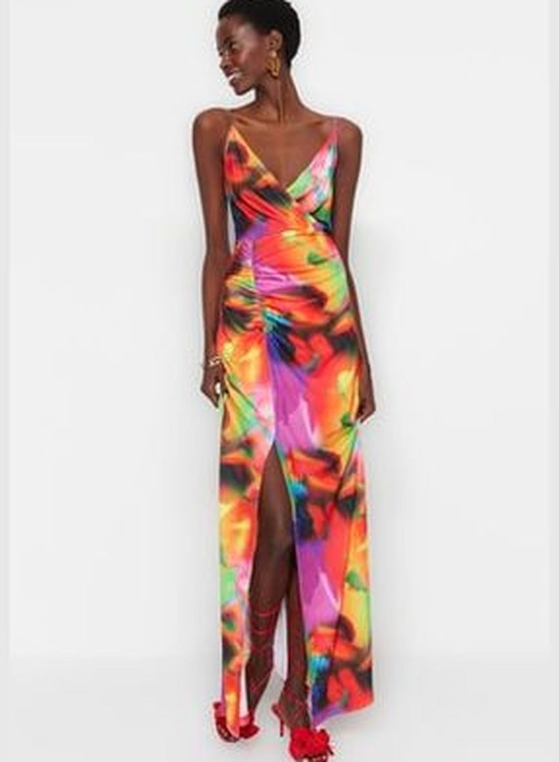 Multicolored Lined Knitted Printed Evening Dress TPRSS23AE00085