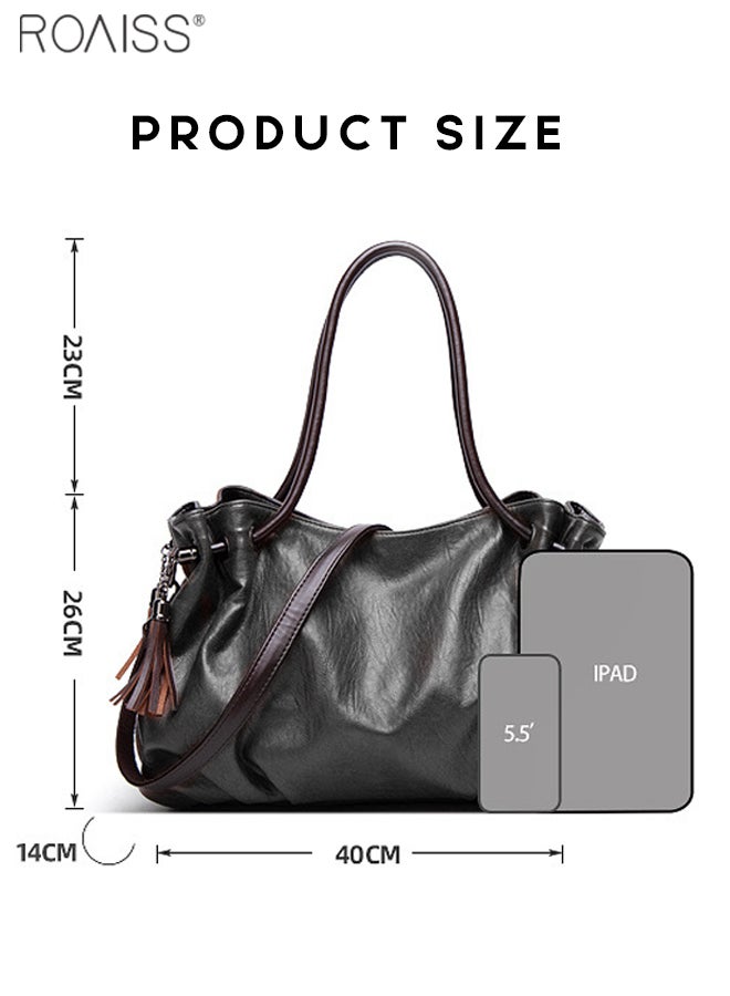 Women's Super Large Capacity Pu Pitot Bag Adjustable And Detachable Shoulder Bag Side Pleated Tassel Handbag