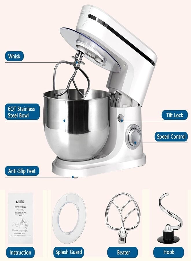 Stand Mixer,6L 8-Speed 1000W Tilt-Head Food Mixer, Kitchen Electric Standing Mixer With Dough Hook, Whisk, Beater, Splash Guard & Mixing Bowl For Baking, Dishwasher Safe (White)