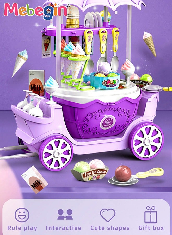 Ice Cream Cart Shop 92 Pieces Pretend Play Toys Set for Kids with Simulation Ice-Cream Trolley Truck and Desserts Tower Stand Early Educational Situation Game Toy Gift for Boys Girls