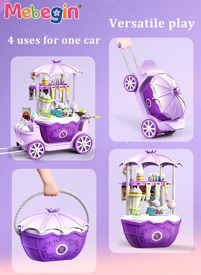 Ice Cream Cart Shop 92 Pieces Pretend Play Toys Set for Kids with Simulation Ice-Cream Trolley Truck and Desserts Tower Stand Early Educational Situation Game Toy Gift for Boys Girls