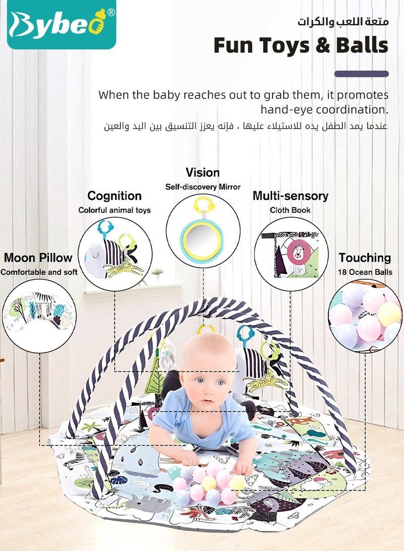 5-in-1 Baby Play Gym Mat, Play Mats for Babies, Tummy Time Mat, Baby Gym Activity Play Mat, Baby Activity Center with 8 Detachable Toys, for Newborn Stage-Based Sensory and Motor Skill Development