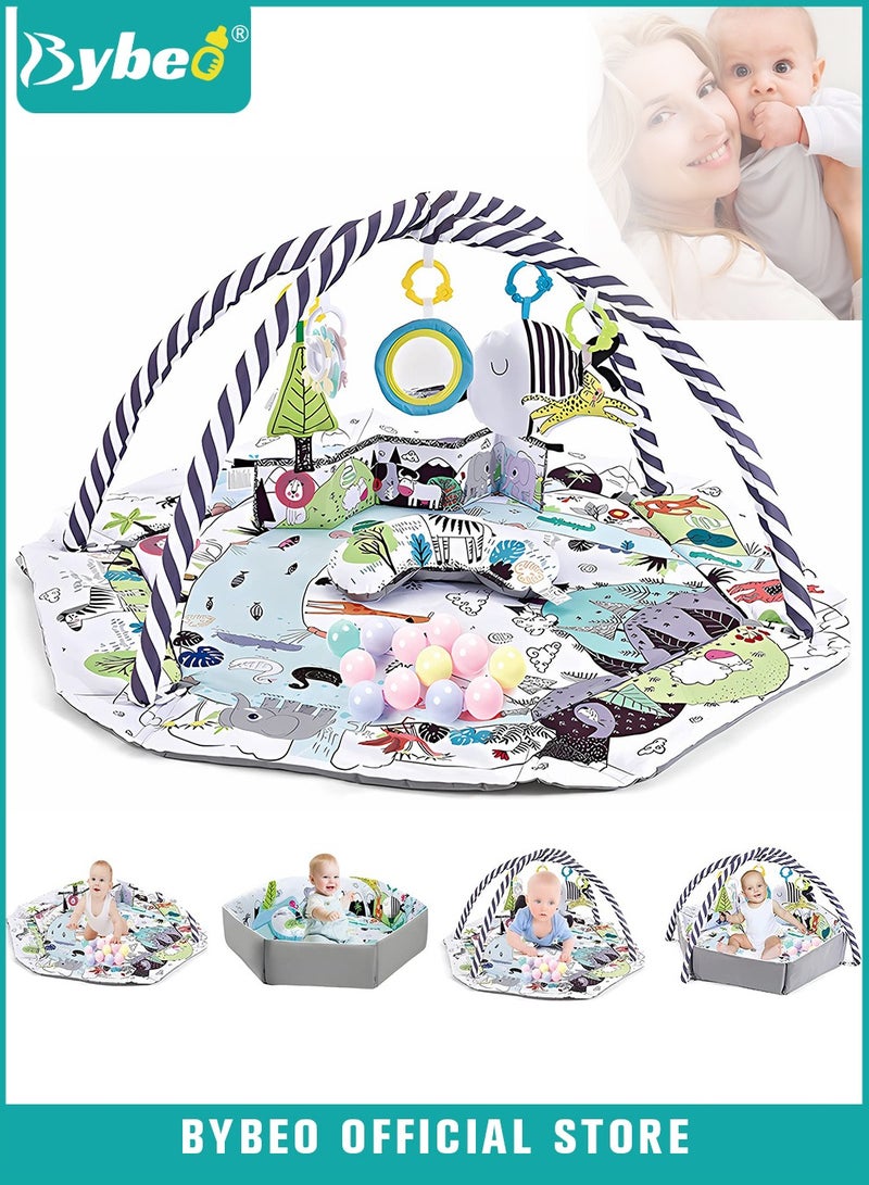 5-in-1 Baby Play Gym Mat, Play Mats for Babies, Tummy Time Mat, Baby Gym Activity Play Mat, Baby Activity Center with 8 Detachable Toys, for Newborn Stage-Based Sensory and Motor Skill Development