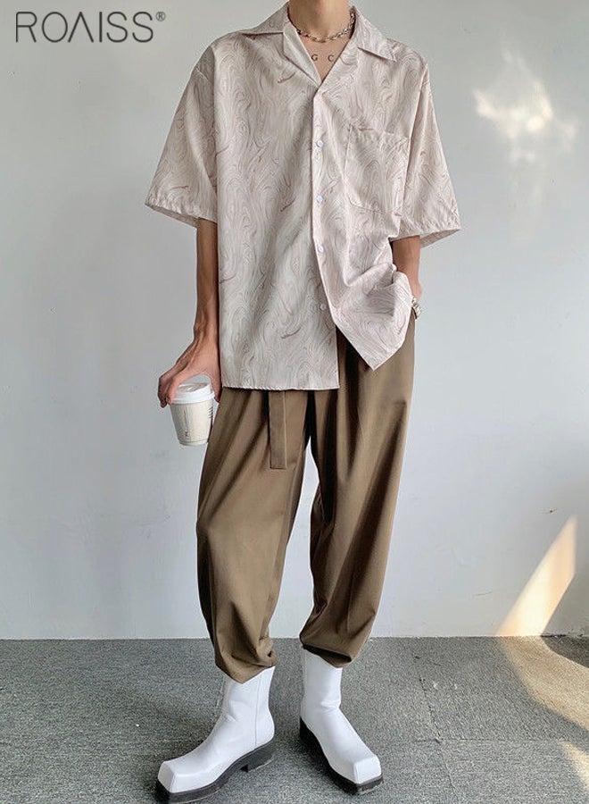 Men Casual Print Lapel Shirt, Comfortable Breathable Shirts, Classic Retro Summer Shacket for Men, Short Sleeve Button Down Top with Chest Pocket, Suitable for Daily Wear and Outdoor Activities