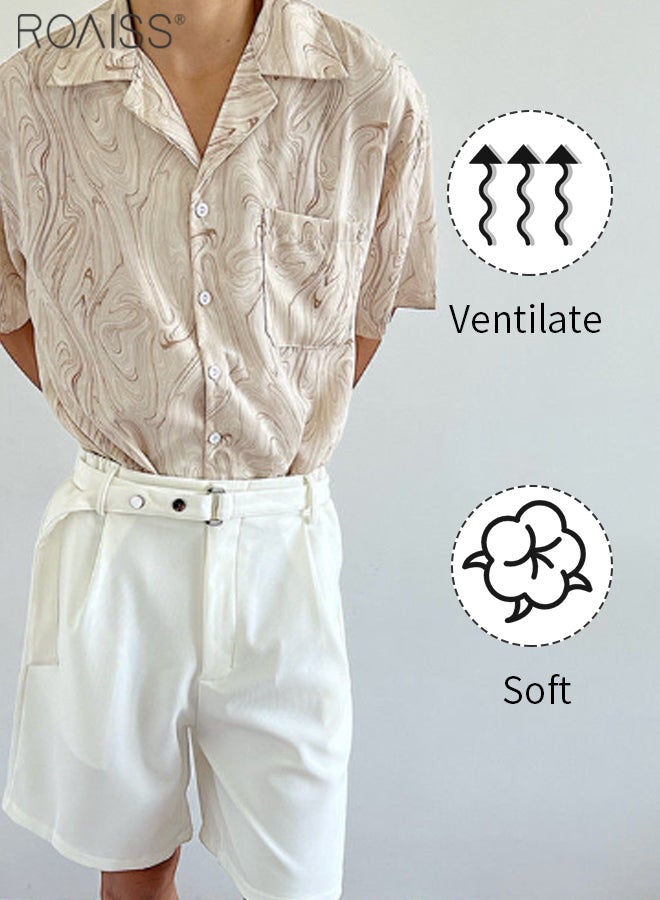 Men Casual Print Lapel Shirt, Comfortable Breathable Shirts, Classic Retro Summer Shacket for Men, Short Sleeve Button Down Top with Chest Pocket, Suitable for Daily Wear and Outdoor Activities