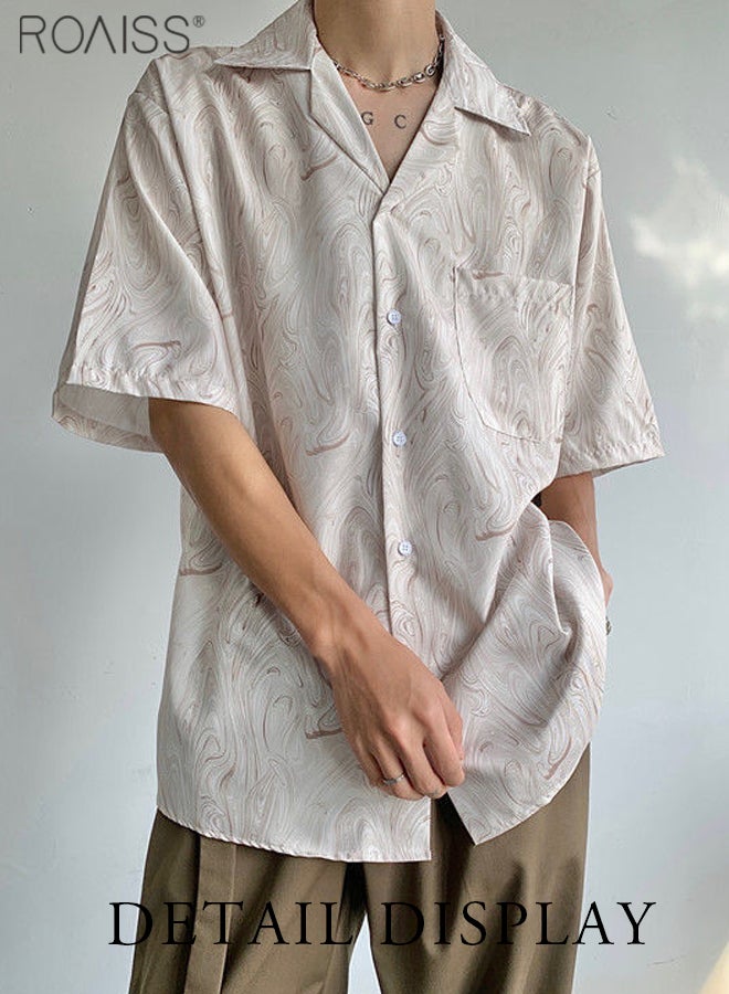 Men Casual Print Lapel Shirt, Comfortable Breathable Shirts, Classic Retro Summer Shacket for Men, Short Sleeve Button Down Top with Chest Pocket, Suitable for Daily Wear and Outdoor Activities