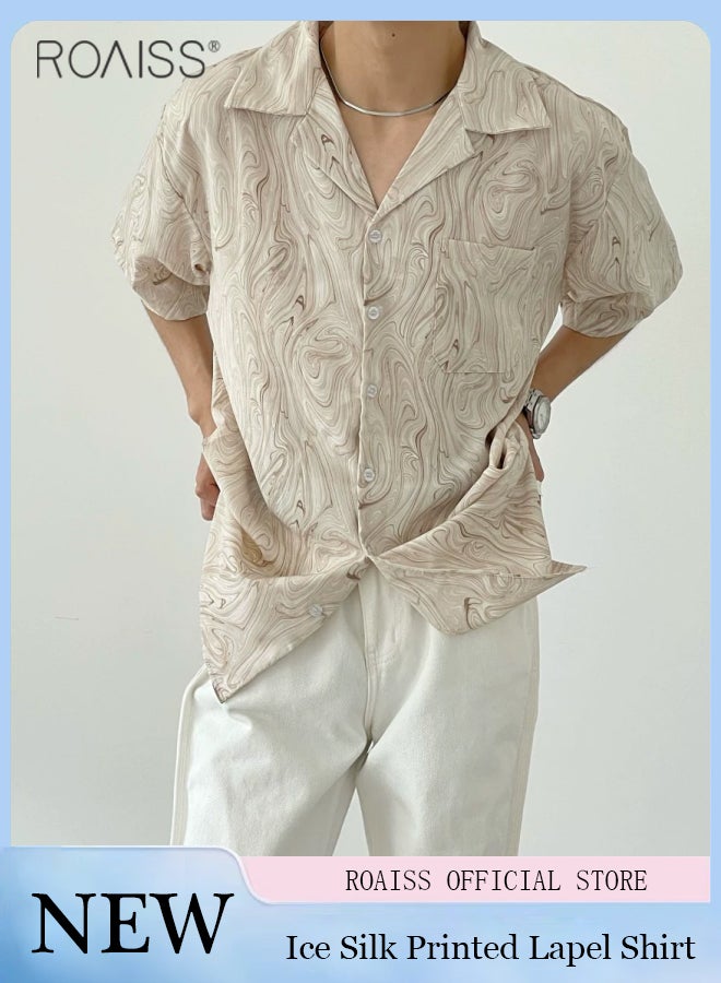 Men Casual Print Lapel Shirt, Comfortable Breathable Shirts, Classic Retro Summer Shacket for Men, Short Sleeve Button Down Top with Chest Pocket, Suitable for Daily Wear and Outdoor Activities