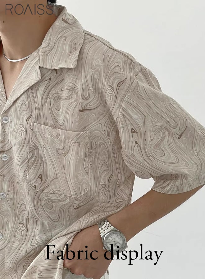 Men Casual Print Lapel Shirt, Comfortable Breathable Shirts, Classic Retro Summer Shacket for Men, Short Sleeve Button Down Top with Chest Pocket, Suitable for Daily Wear and Outdoor Activities