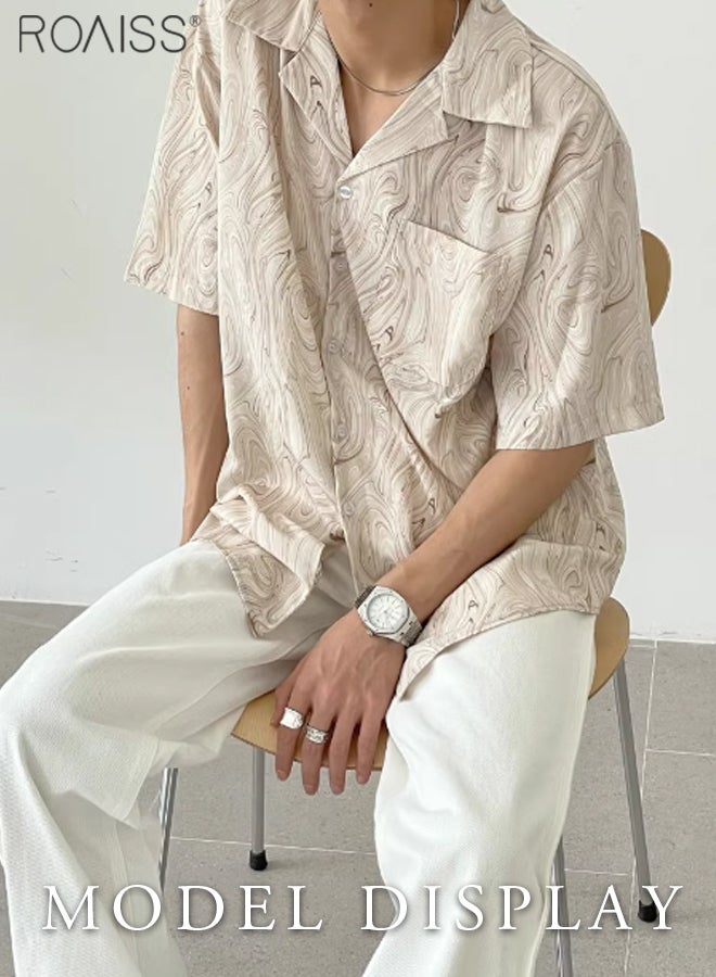Men Casual Print Lapel Shirt, Comfortable Breathable Shirts, Classic Retro Summer Shacket for Men, Short Sleeve Button Down Top with Chest Pocket, Suitable for Daily Wear and Outdoor Activities