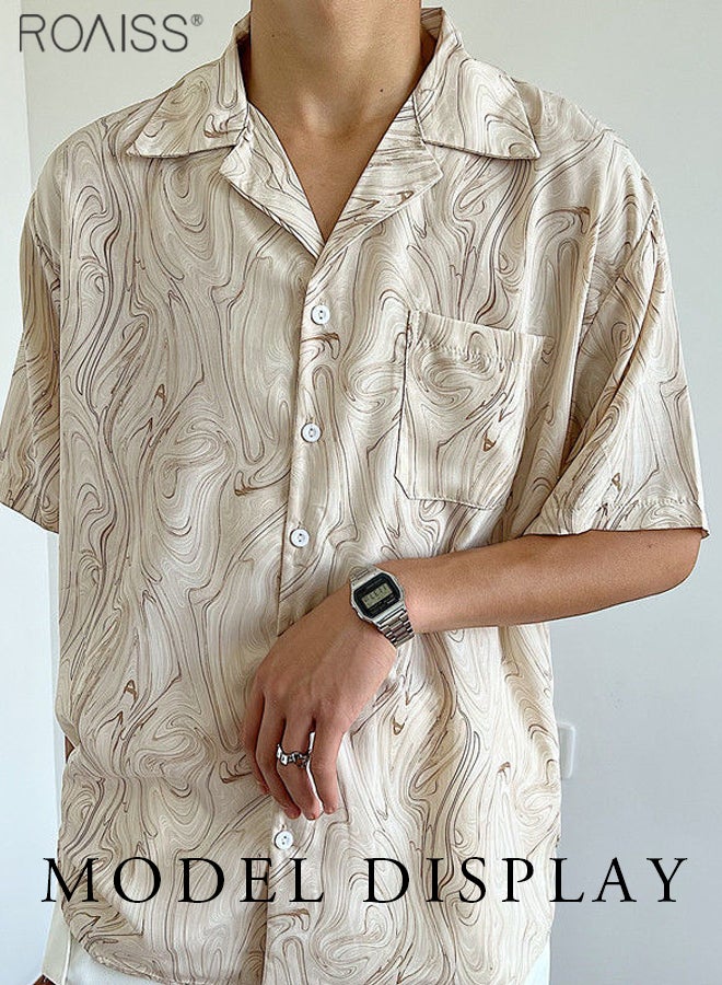 Men Casual Print Lapel Shirt, Comfortable Breathable Shirts, Classic Retro Summer Shacket for Men, Short Sleeve Button Down Top with Chest Pocket, Suitable for Daily Wear and Outdoor Activities