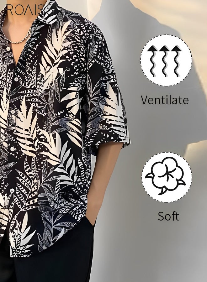 Men's Hawaiian Printed Vacation Shirt Lightweight And Stylish Loose Fitting Lapel Short Sleeved Top Button Open Close Beach Cardigan