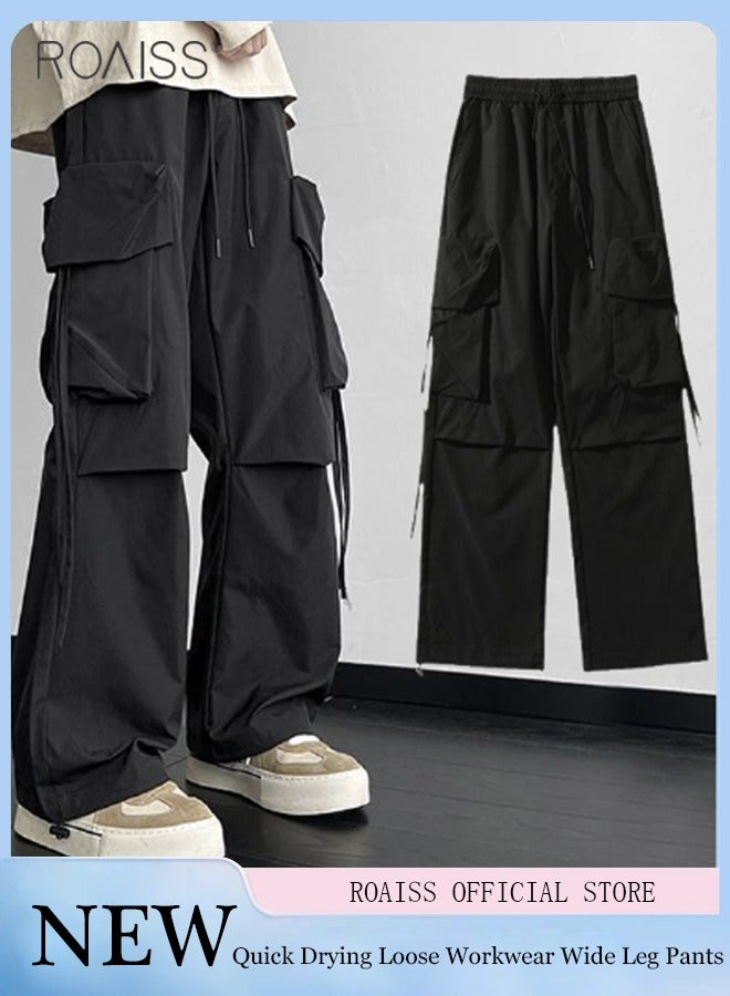 Men's Casual Loose Fitting Quick Drying Overalls Wide Leg Pants With Elastic Waist Design With Multiple Pockets Outdoor Sports Daily Versatile Pants