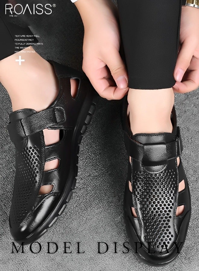 Men's Summer Breathable Mesh Leather Shoes Side Hollowed Out Velcro Business Pu Leather Sandals Casual Fashion Anti-Skid Sandals