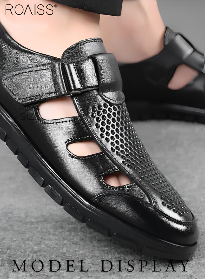 Men's Summer Breathable Mesh Leather Shoes Side Hollowed Out Velcro Business Pu Leather Sandals Casual Fashion Anti-Skid Sandals