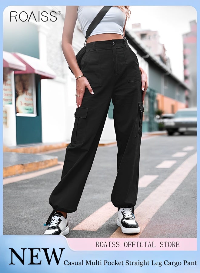 Women's High Waisted Multi Pocket Overalls Button Open and Close Fashion Casual Wide Leg Pants