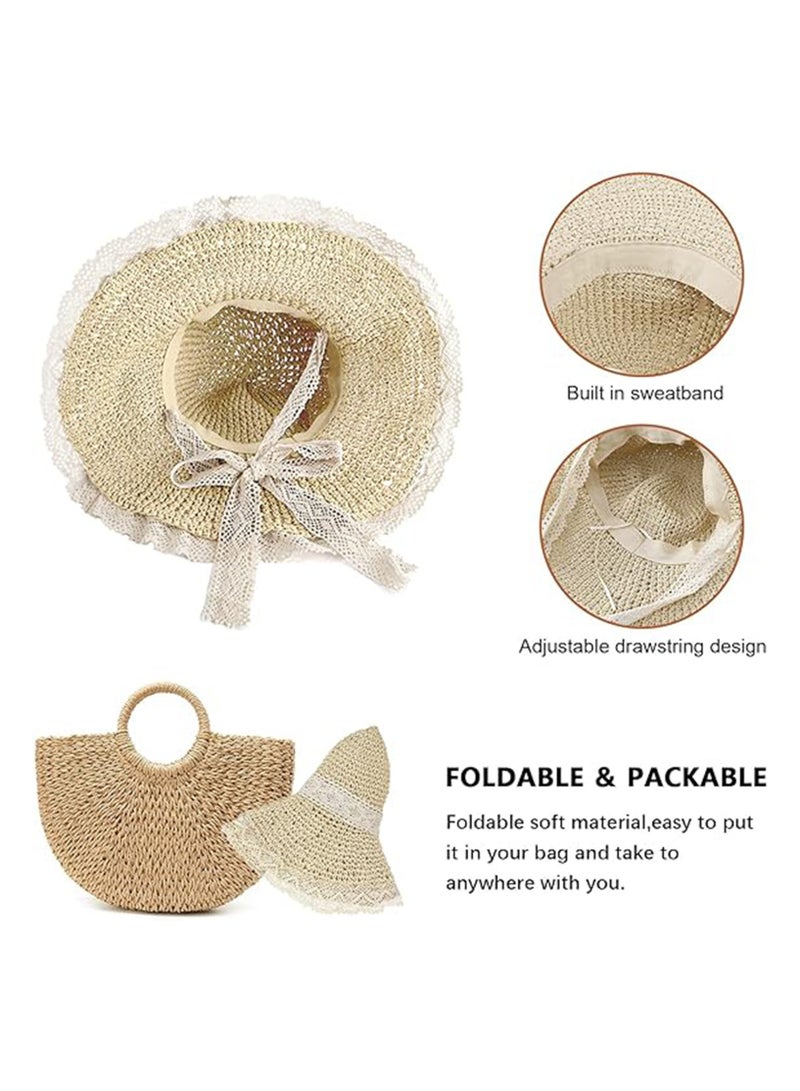 Women's Spring Summer Straw Hat with lace Trim, Straw Sun Hat, Woven Wide Brim Hat Foldable Roll Up Floppy Beach Hats, Wide Brim Floppy Sun Hats for Women UV Protection