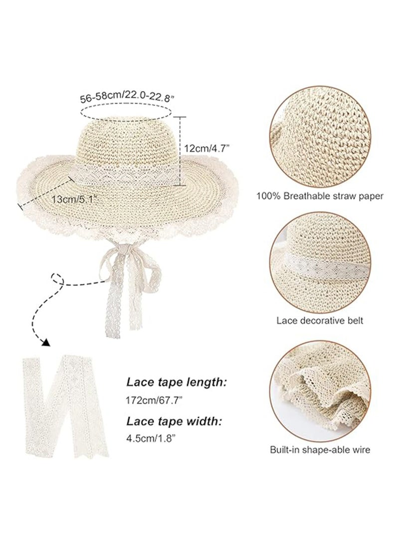 Women's Spring Summer Straw Hat with lace Trim, Straw Sun Hat, Woven Wide Brim Hat Foldable Roll Up Floppy Beach Hats, Wide Brim Floppy Sun Hats for Women UV Protection