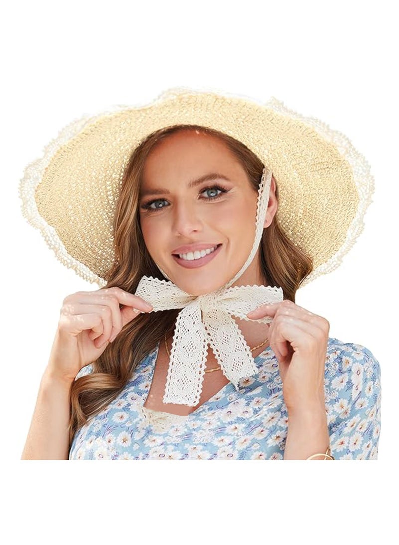 Women's Spring Summer Straw Hat with lace Trim, Straw Sun Hat, Woven Wide Brim Hat Foldable Roll Up Floppy Beach Hats, Wide Brim Floppy Sun Hats for Women UV Protection