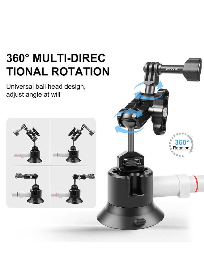 PULUZ PU845B Suction Cup Mount for Action Camera Suction Camera Mount Bracket Dual 360° Rotatable Ballheads Replacement for GoPro Hero 11/10/9/8, Osmo Action 3/2