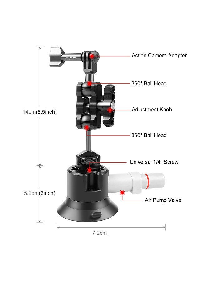 PULUZ PU845B Suction Cup Mount for Action Camera Suction Camera Mount Bracket Dual 360° Rotatable Ballheads Replacement for GoPro Hero 11/10/9/8, Osmo Action 3/2