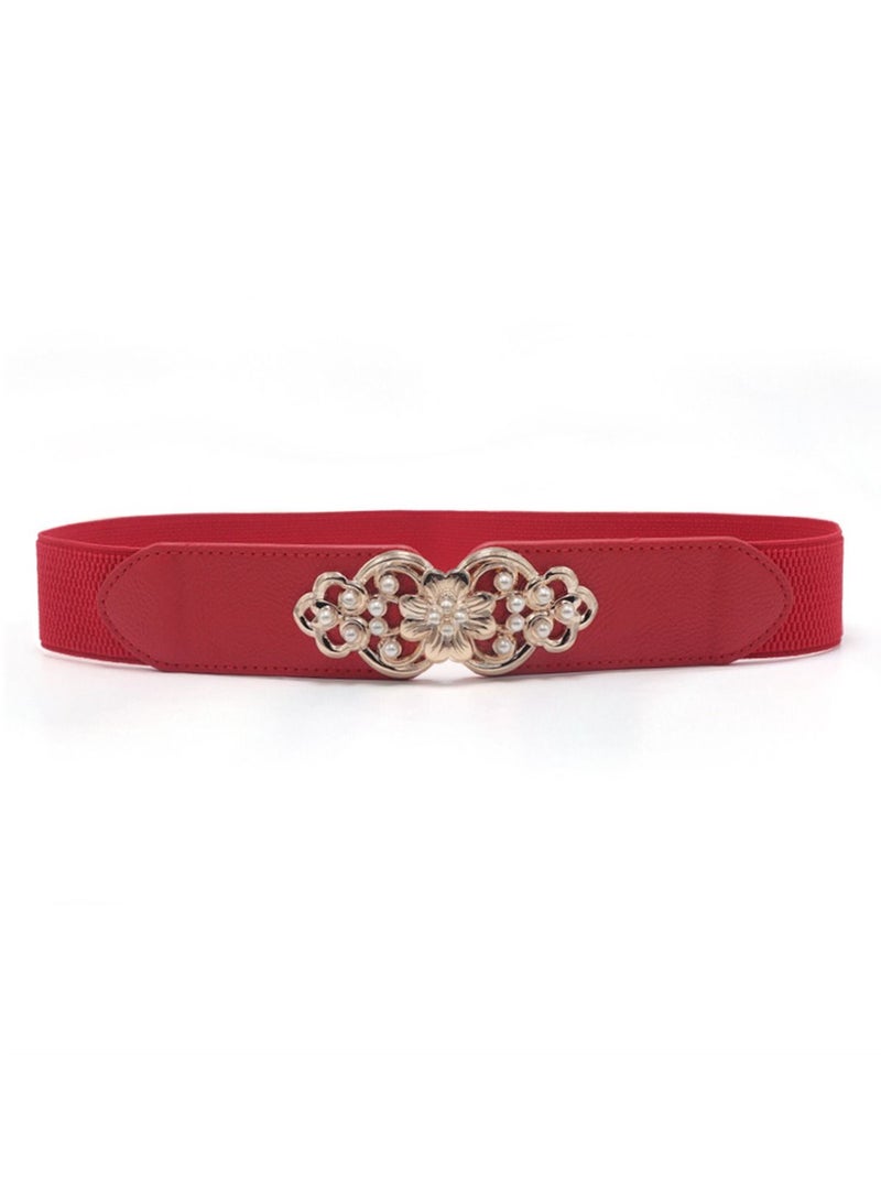 Flower Elastic Decorative Belt Elastic Pearl Inlay 65cm Red