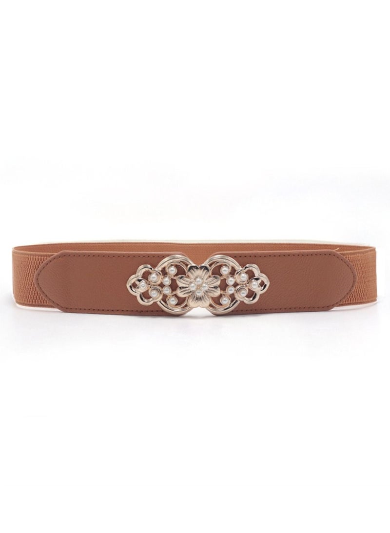 Flower Elastic Decorative Belt Elastic Pearl Inlay 65cm Brown