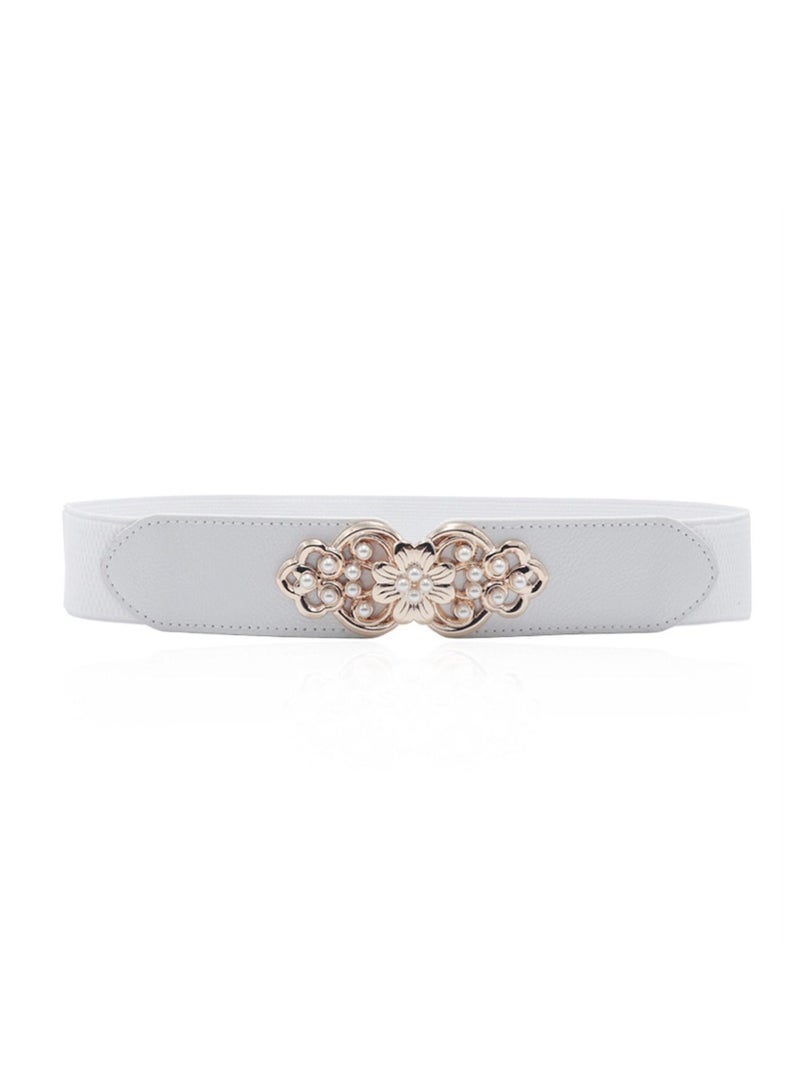 Flower Elastic Decorative Belt Elastic Pearl Inlay 65cm White