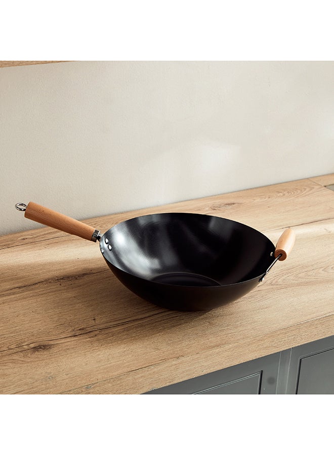 La Natura Carbon Steel Wok with Steel Mesh Frame 57 x 9.5 x 35.5
