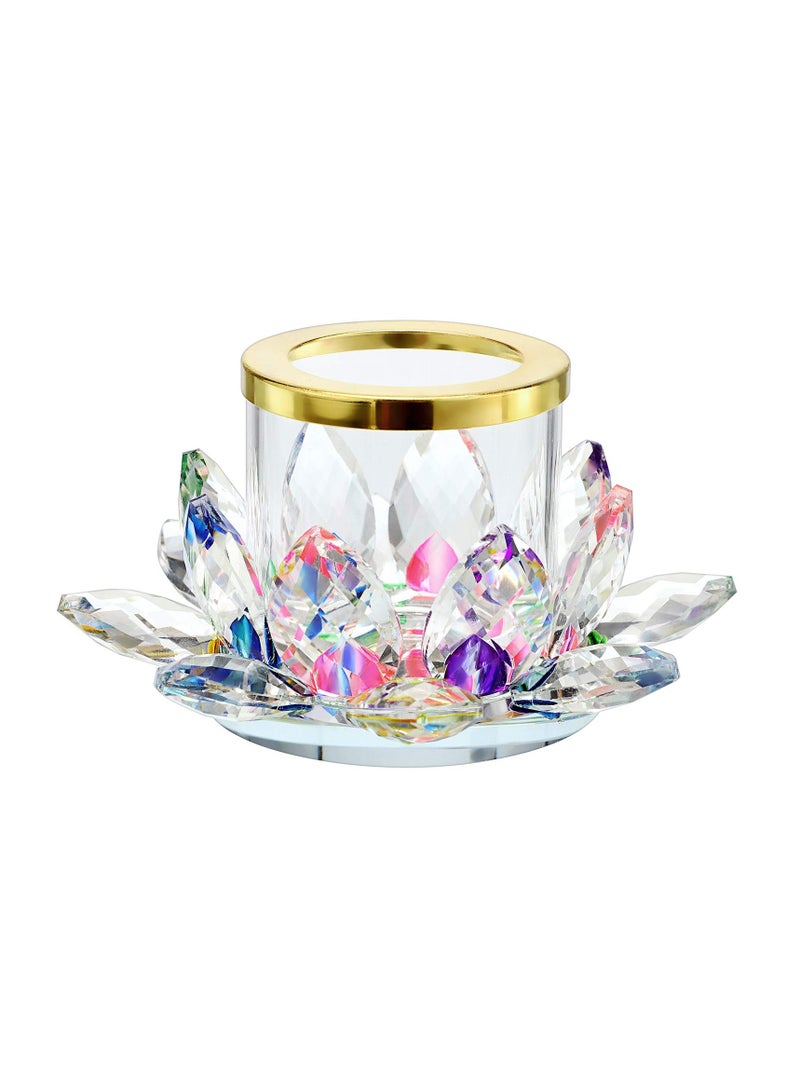 Colorful Crystal Lotus Tealight Candle Holder Votive Candle Stand with Glass Cover, Glass Lotus Petal Tea Light Holder Lotus Flower Pillar Candle Lamp Candle Centerpiece for Dining Table Altar