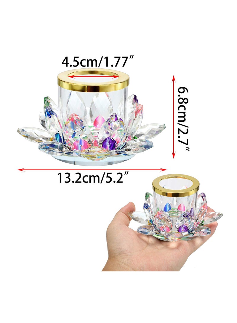 Colorful Crystal Lotus Tealight Candle Holder Votive Candle Stand with Glass Cover, Glass Lotus Petal Tea Light Holder Lotus Flower Pillar Candle Lamp Candle Centerpiece for Dining Table Altar