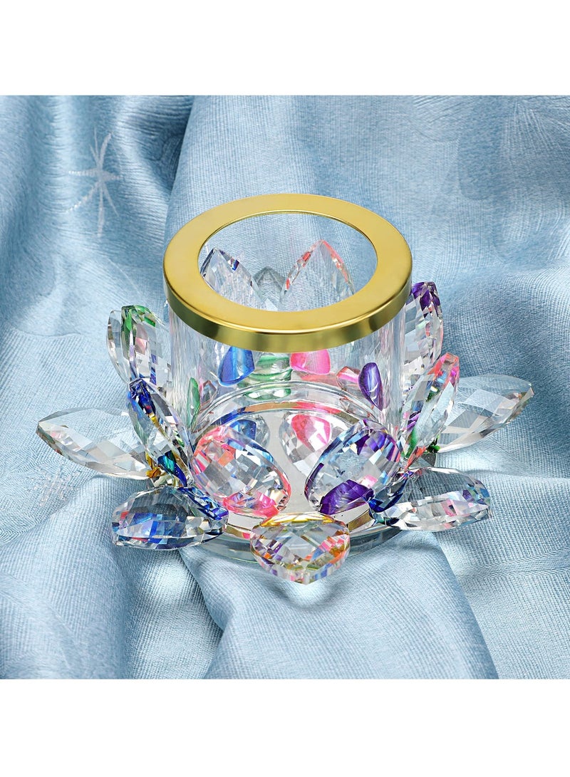 Colorful Crystal Lotus Tealight Candle Holder Votive Candle Stand with Glass Cover, Glass Lotus Petal Tea Light Holder Lotus Flower Pillar Candle Lamp Candle Centerpiece for Dining Table Altar