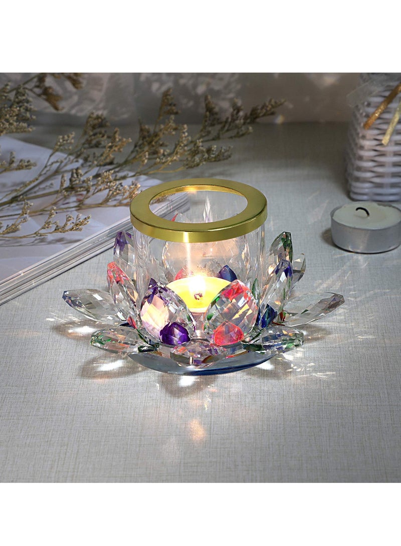 Colorful Crystal Lotus Tealight Candle Holder Votive Candle Stand with Glass Cover, Glass Lotus Petal Tea Light Holder Lotus Flower Pillar Candle Lamp Candle Centerpiece for Dining Table Altar