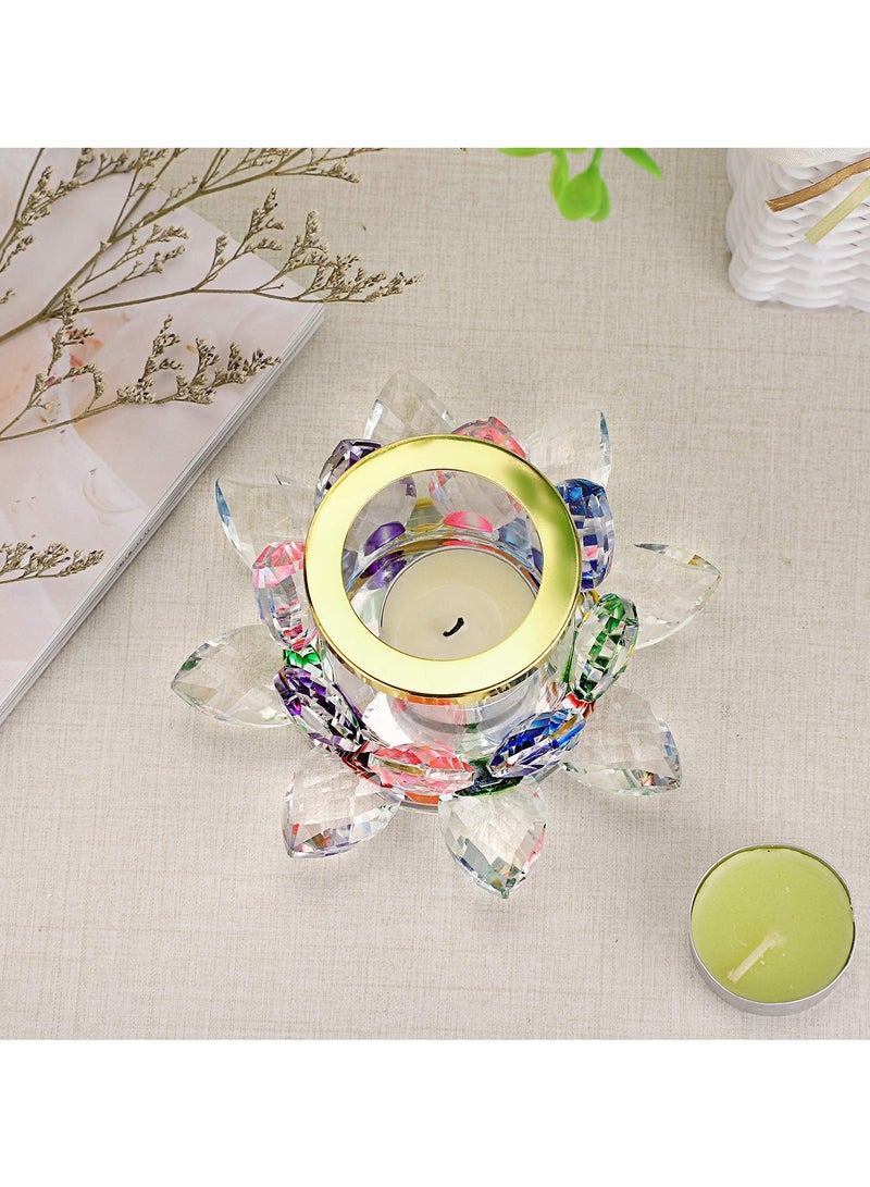 Colorful Crystal Lotus Tealight Candle Holder Votive Candle Stand with Glass Cover, Glass Lotus Petal Tea Light Holder Lotus Flower Pillar Candle Lamp Candle Centerpiece for Dining Table Altar