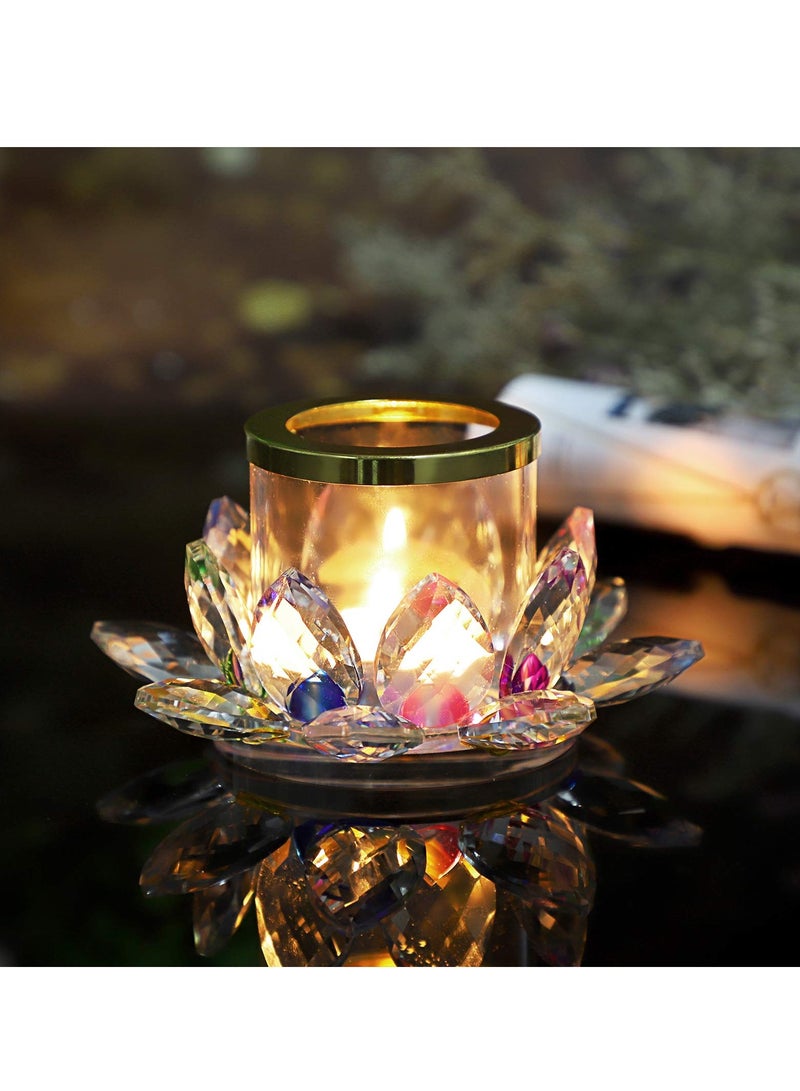 Colorful Crystal Lotus Tealight Candle Holder Votive Candle Stand with Glass Cover, Glass Lotus Petal Tea Light Holder Lotus Flower Pillar Candle Lamp Candle Centerpiece for Dining Table Altar