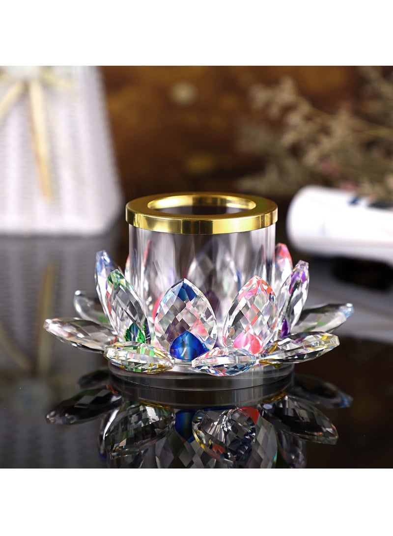 Colorful Crystal Lotus Tealight Candle Holder Votive Candle Stand with Glass Cover, Glass Lotus Petal Tea Light Holder Lotus Flower Pillar Candle Lamp Candle Centerpiece for Dining Table Altar
