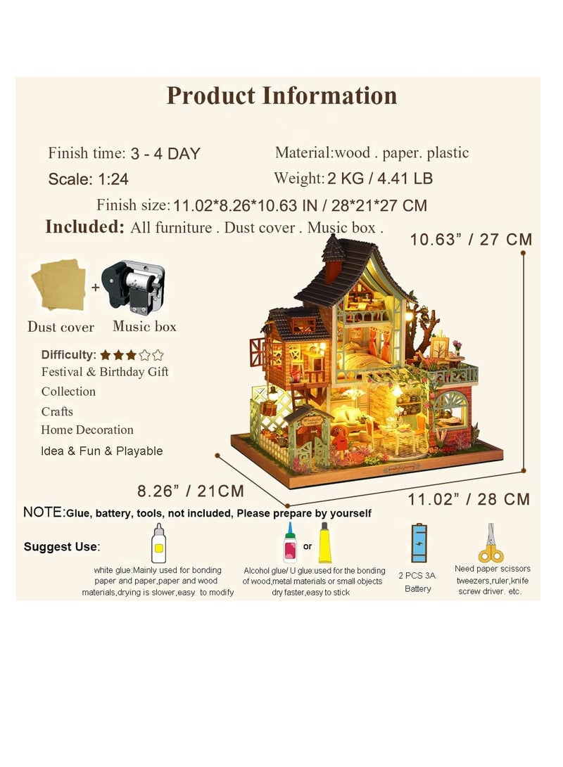DIY Dollhouse Miniature with Furniture,Wooden Crafts Model Mini Handmade Kit with Dust Proof Cover and Music Box,1:24 Scale Creative Room Birthday Gift Idea for Adult Friend Lover