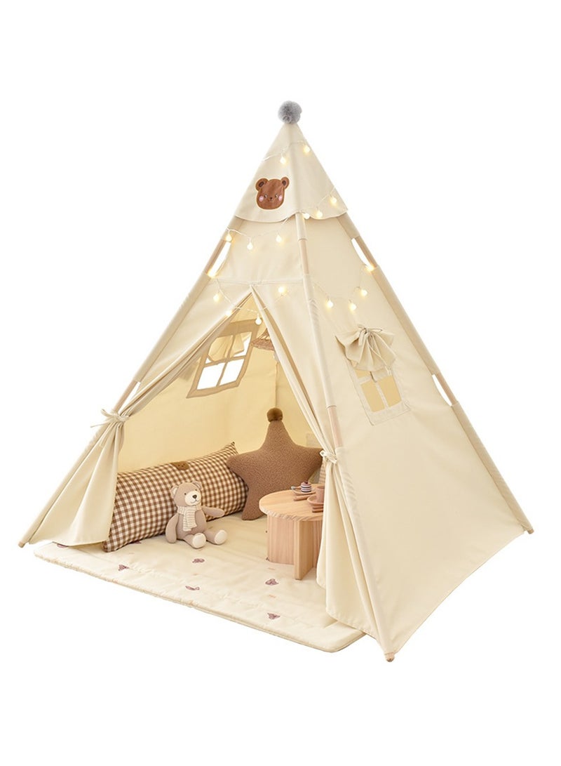 Teepee Tent for Kids with Padded Mat Cotton Canvas Kids Tent for Toddlers Indoor Kids Play Tent for Girls Boys with Stars Lights, Carry Bag