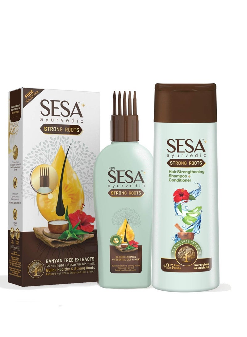 Ayurvedic Strong Roots Hair Care Combo Oil and Shampoo + Conditioner Complete Hair Care Regimen Hair Oil 100ml & Shampoo + Conditoner 200ml