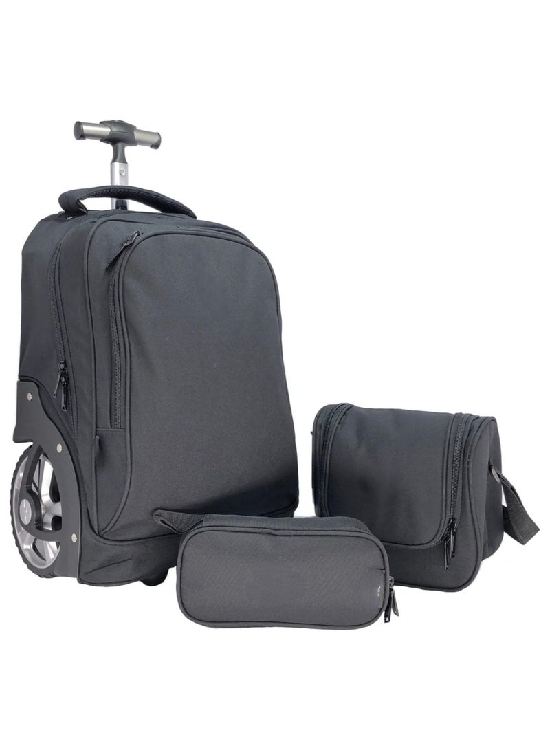 3 in 1 Black Trolley School Bag with 2 Big Wheels, a Lunch Bag, and a Pencil Case