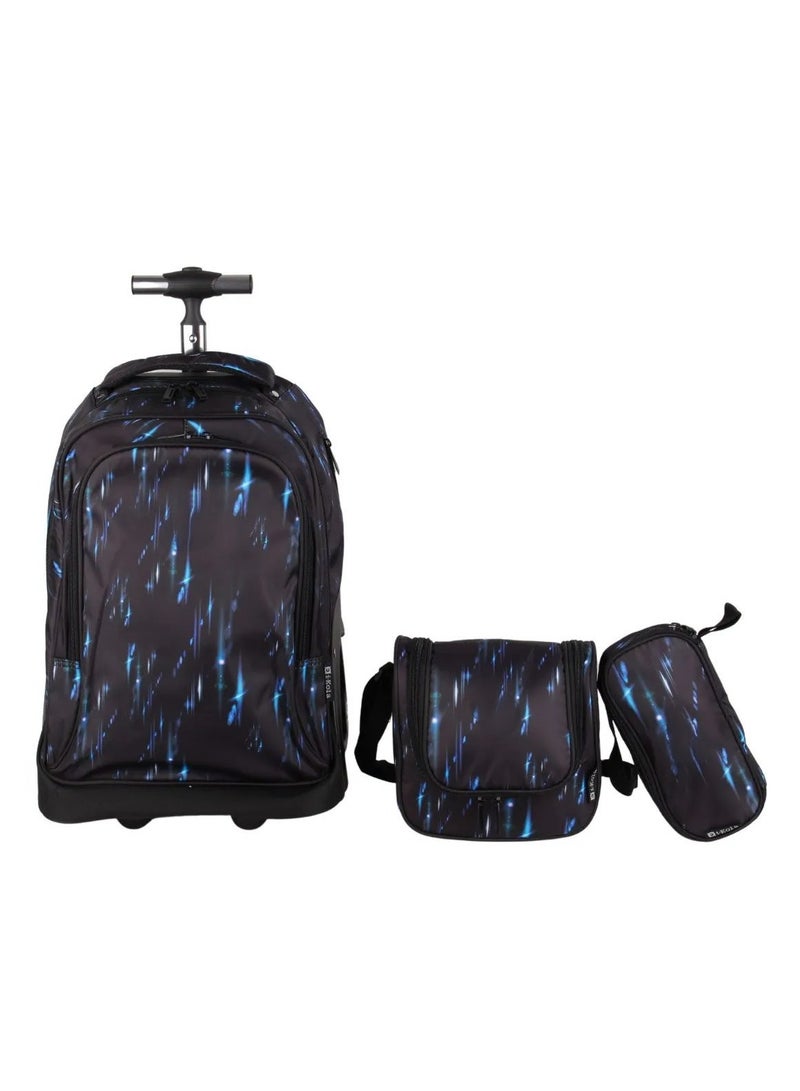 3 in 1 Black Trolley School Bag with 2 Big Wheels, a Lunch Bag, and a Pencil Case