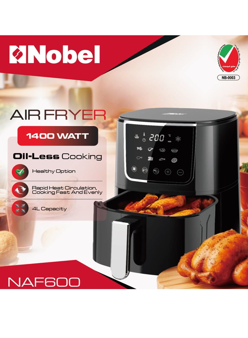 Air Fryer 4L Capacity, Multifunctional Fryer with Delay Function, Overheat Prevention, Digital Touch, 8 Preset Programs, High-Speed Air Circulation, Non-Stick 4 L 1400 W NAF600 Black