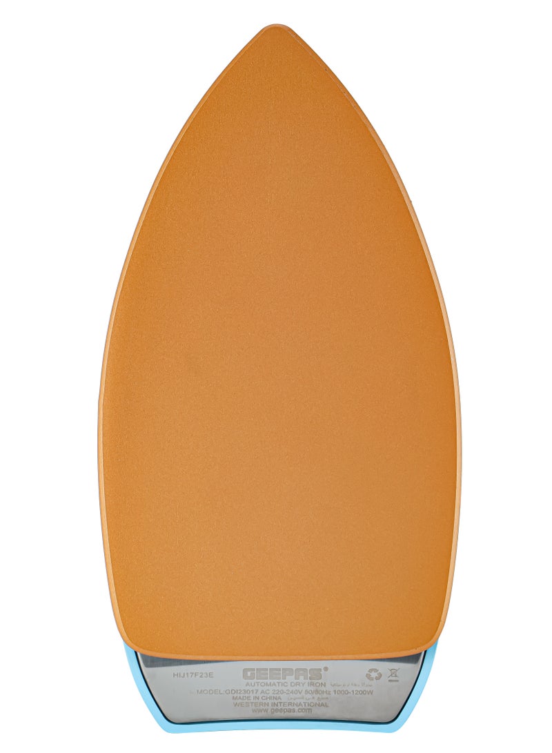 Automatic Dry Iron With 60 Microns Golden Teflon Coating, 1200 Watt Power, Automatic Cut-Off, Thermostatic Pilot Lamp Indicator, Temperature Setting Dial, Overheat Protection 1200 W GDI23017 Blue