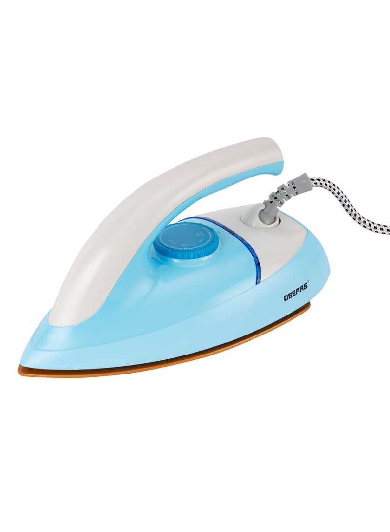 Automatic Dry Iron With 60 Microns Golden Teflon Coating, 1200 Watt Power, Automatic Cut-Off, Thermostatic Pilot Lamp Indicator, Temperature Setting Dial, Overheat Protection 1200 W GDI23017 Blue