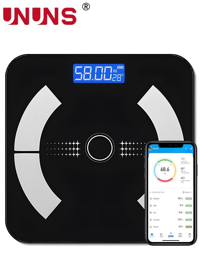 Smart Scale For Body Weight,Bluetooth Scale,Weight Scales,Body Fat Scale,Digital Bathroom Scale With LED Display,Rechargeable Weighing Scale,Body Composition Analyzer Scale,Up To 180Kg,Black