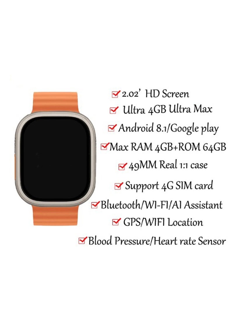 Smartbarry Ultra 4G Smart Watch 49mm AMOLED Screen 4GB RAM + 64GB ROM NFC GPS Heart Rate Monitor With 2 Straps - Multicolour