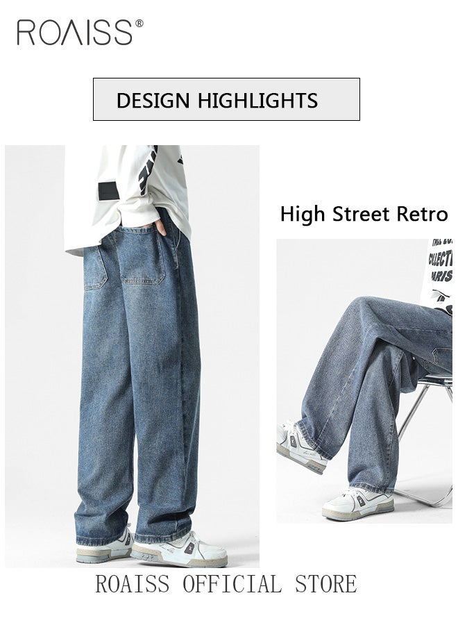 Straight Leg Loose Fit Jeans for Men Elastic Waist Drawstring Jeans for Male Retro Distressed Washed Denim Trousers Mens Casual Cargo Pants High Street Style