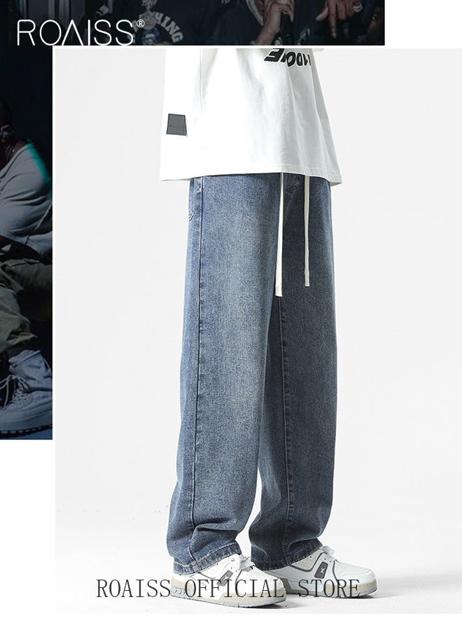 Straight Leg Loose Fit Jeans for Men Elastic Waist Drawstring Jeans for Male Retro Distressed Washed Denim Trousers Mens Casual Cargo Pants High Street Style
