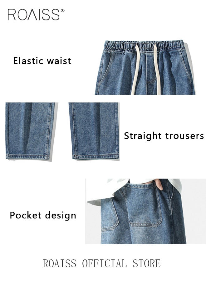 Straight Leg Loose Fit Jeans for Men Elastic Waist Drawstring Jeans for Male Retro Distressed Washed Denim Trousers Mens Casual Cargo Pants High Street Style